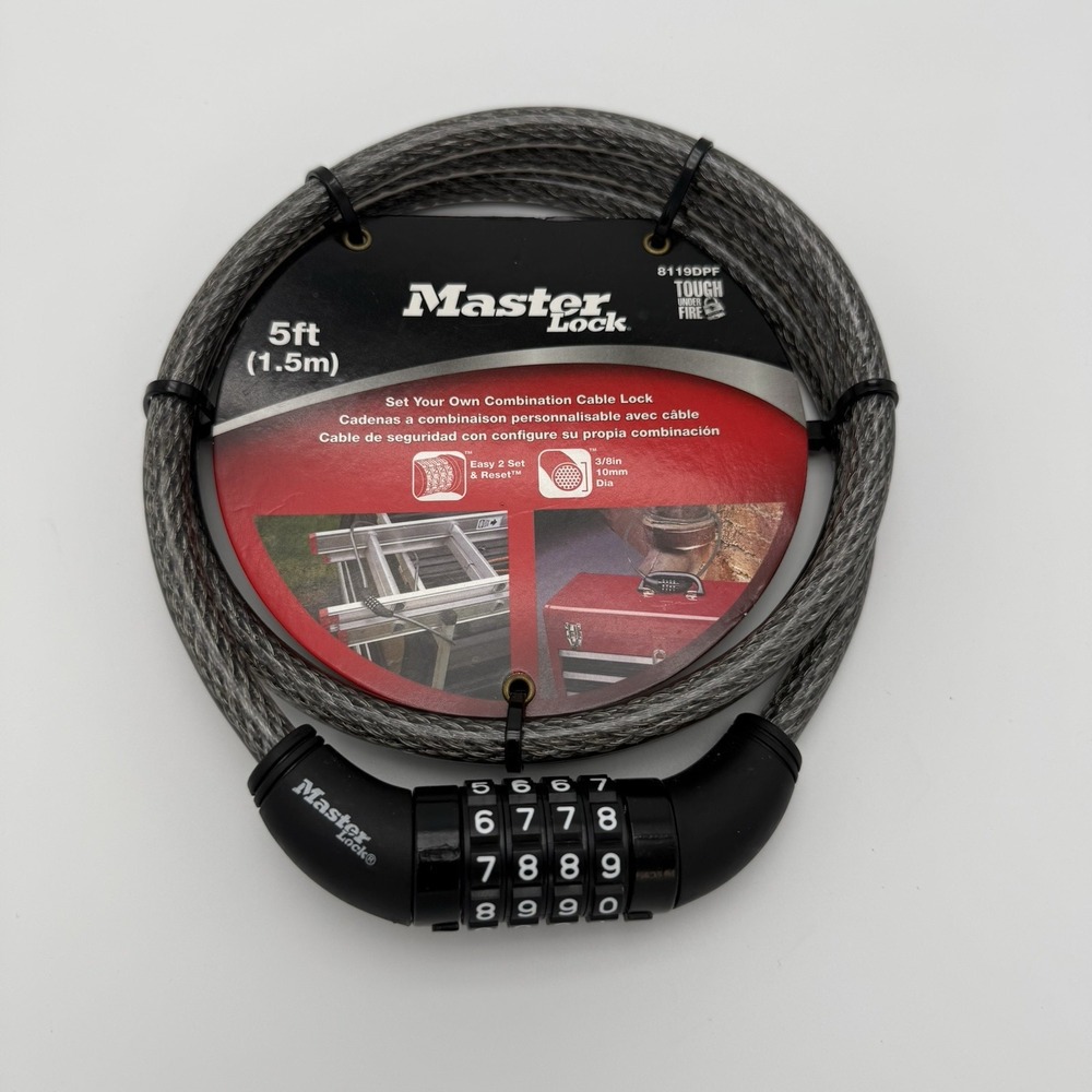 Master Lock 8119DPF 5ft Combination Cable Lock 3/8in 10mm Braided Steel Bike